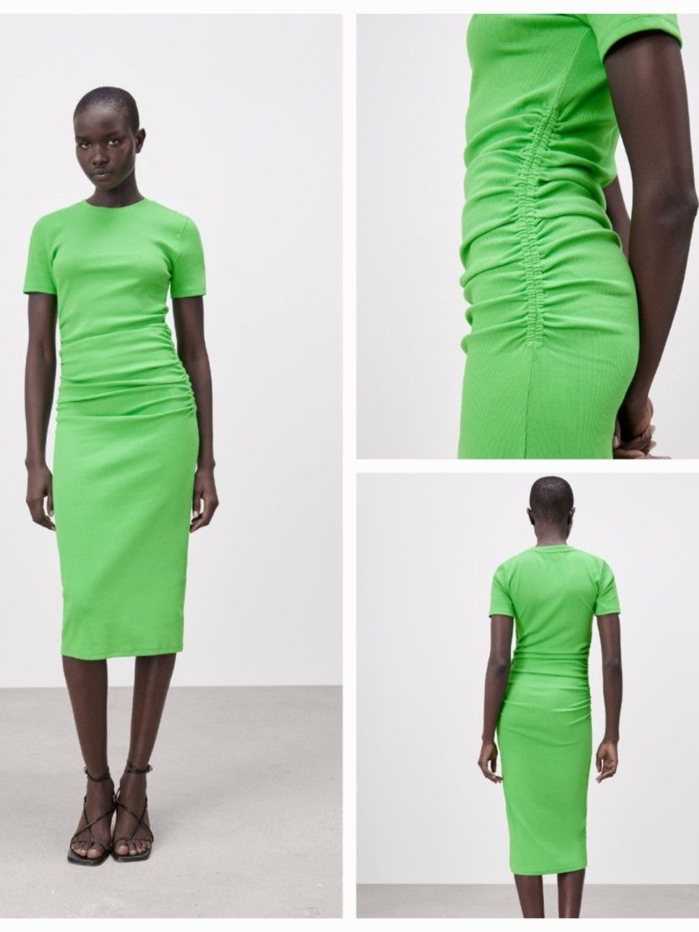 Zara Bright Green Short-Sleeve crew neck Ruched Maxi Dress